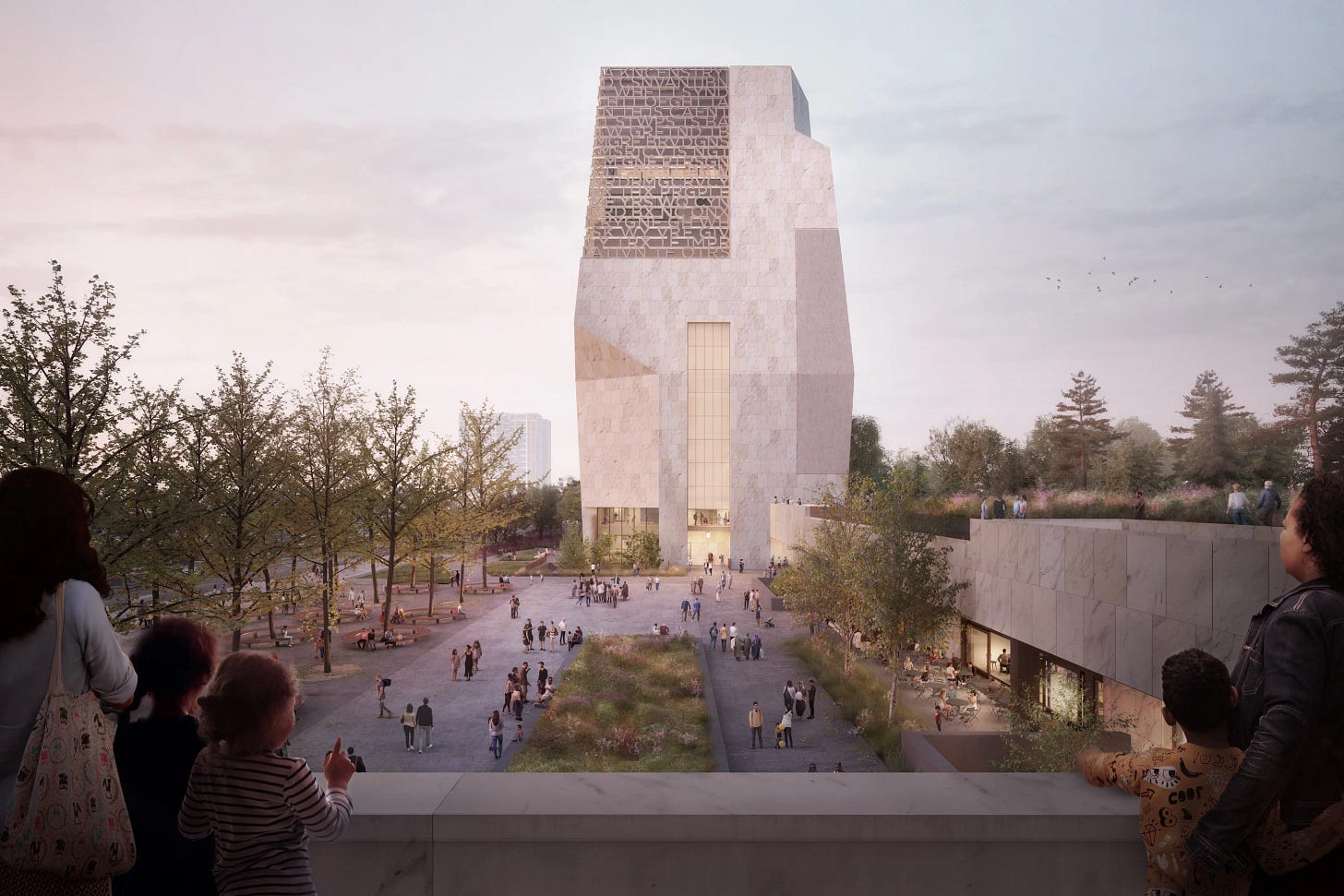 A rendering of the Obama Presidential Center shows the plaza of the campus.AI-generated children admire the unfinished Obama Presidential Center from afar A rendering of the Obama Presidential Center shows the plaza of the campus.AI-generated children admire the unfinished Obama Presidential Center from afar