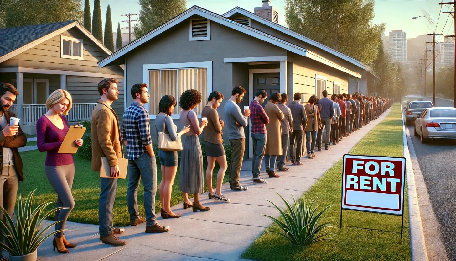 A realistic scene of a long line of diverse renters waiting patiently outside a modest suburban house for a viewing. The line stretches along a residential sidewalk, with people holding clipboards, rental applications, and a few with coffee cups, dressed in casual attire. The house in the background is a small, single-story home with a well-maintained yard, and there is a blank sign near the entrance without any text or markings. The mood is hopeful yet tense, reflecting the competitive housing market. Late afternoon lighting casts soft shadows.