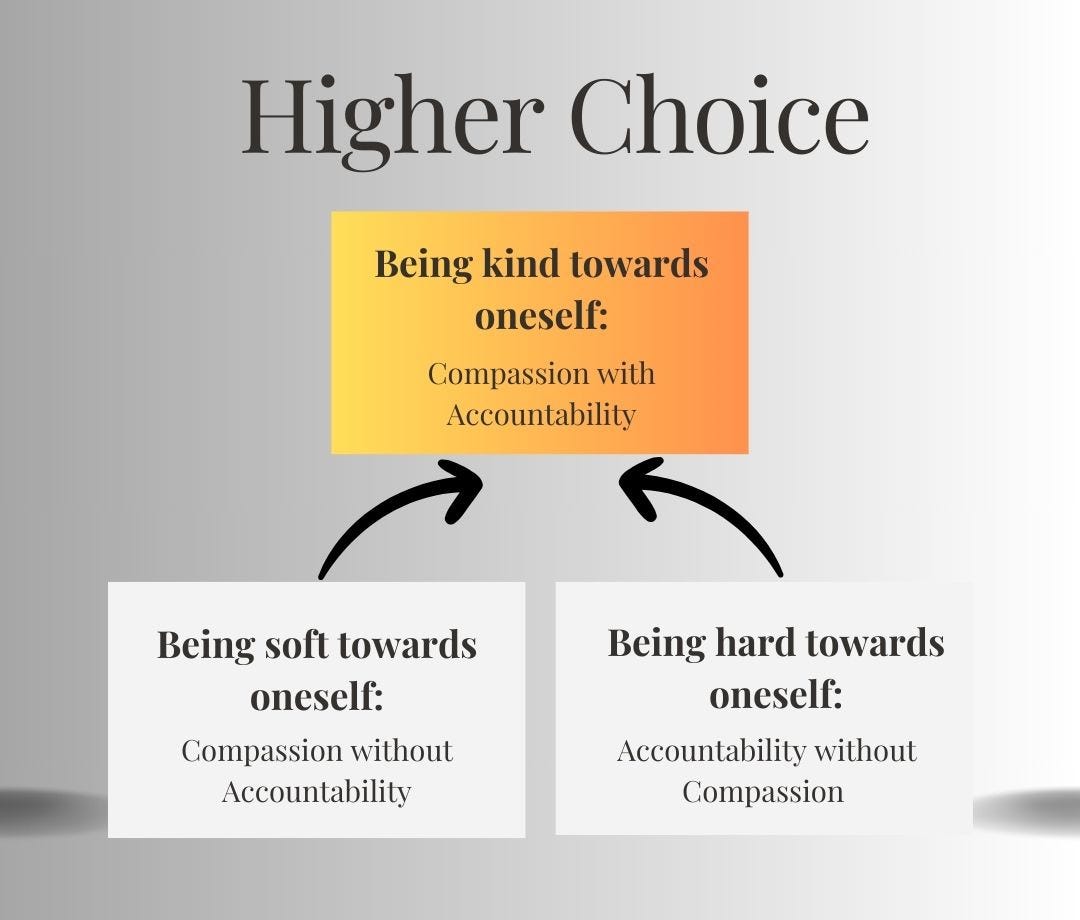 Two bad choices: being too soft or too hard on oneself. Higher choice: being kind towards onself (combining compassion and accountability). 