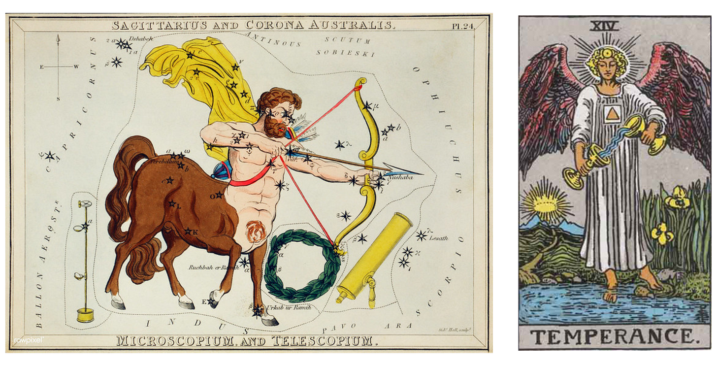 Two images side by side: first, an illustration of the centaur archer commonly associated with the Zodiac sign, Sagittarius. On the right side, the Rider Waite Smith version of the Temperance tarot card. 