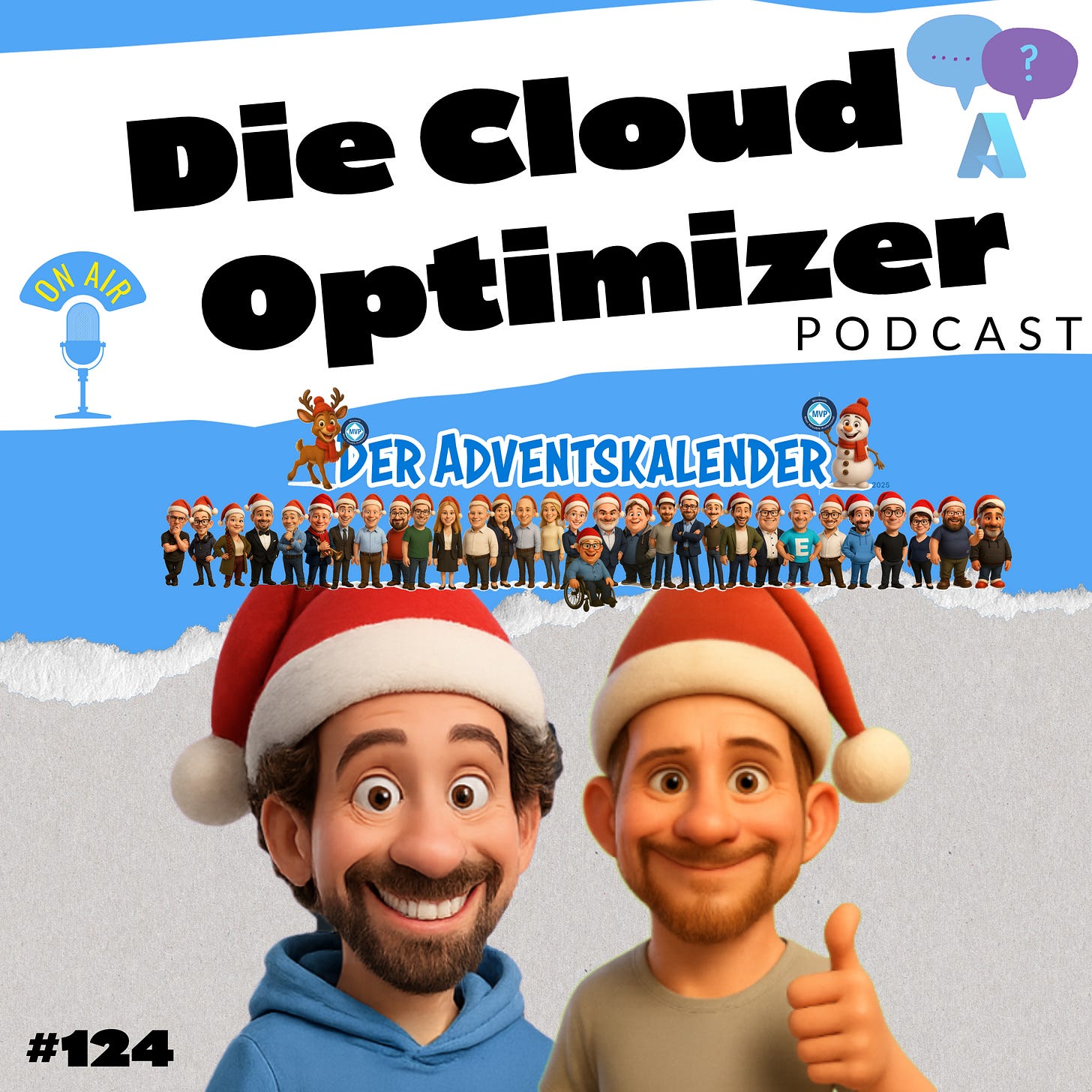 Podcast-Cover „Die Cloud Optimizer“ – links Chris als Cartoon, rechts Matthias mit Weihnachtsmütze.