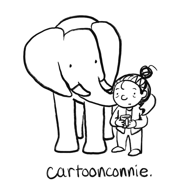 Line drawing of a cartoon figure with an elephant, cartoonconnie logo Line drawing of a cartoon figure with an elephant, cartoonconnie logo