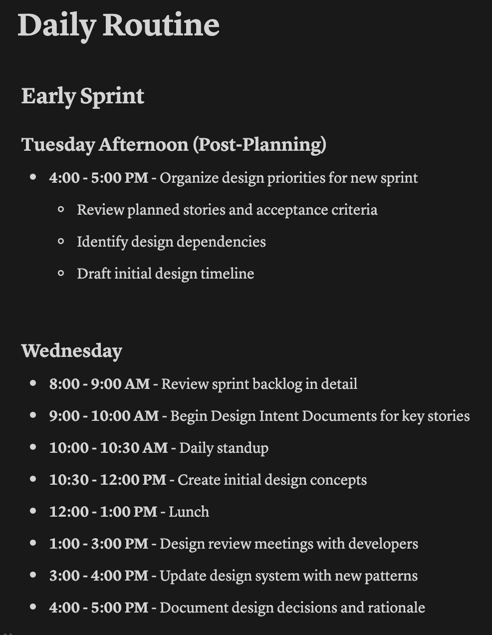 Screenshot of a daily schedule