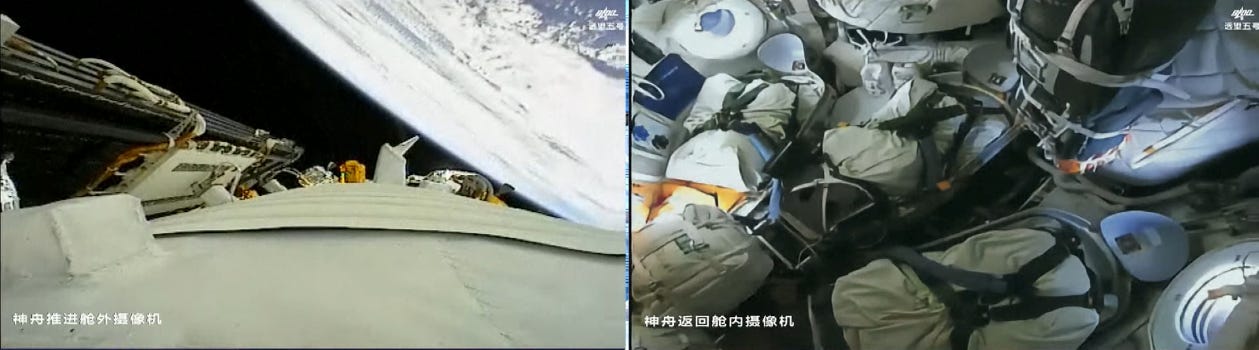 External (left) and internal (right) views from the Shenzhou-22 spacecraft in low Earth orbit, the crew seats have been filled with cargo. External (left) and internal (right) views from the Shenzhou-22 spacecraft in low Earth orbit, the crew seats have been filled with cargo.