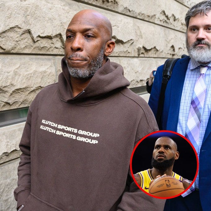 Two men stand against a brick wall, one bald Black man in a brown hoodie labeled Klutch Sports Group with a serious expression, the other white man with beard in blue shirt and tie holding a bag. Inset circle shows LeBron James in purple and gold Lakers jersey holding a basketball.