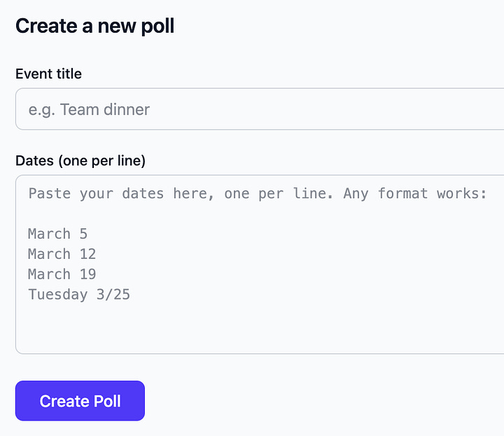 The first image shows a Meal Planning app; the second shows a poll for finding dates that work for a group; the 3rd is a simple RPG game and the 4th is the homepage for a game called Block Smash