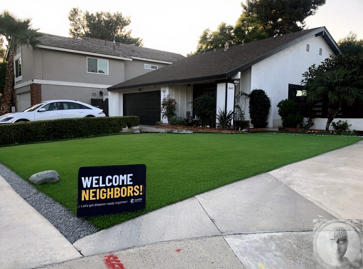 Welcome Neighbors sign in front of a home, with small text reading "Let's get disaster ready together!" Posted for a neighborhood emergency preparedness block party that no neighbors attended.