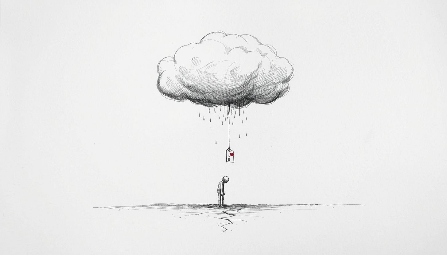 Figure under an unrained storm cloud with dangling price tag, ground already cracking Figure under an unrained storm cloud with dangling price tag, ground already cracking