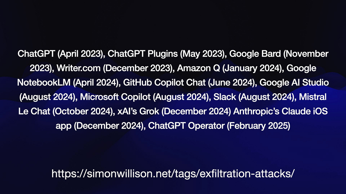 ChatGPT (April 2023), ChatGPT Plugins (May 2023), Google Bard (November
2023), Writer.com (December 2023), Amazon Q (January 2024), Google
NotebookLM (April 2024), GitHub Copilot Chat (June 2024), Google Al Studio
(August 2024), Microsoft Copilot (August 2024), Slack (August 2024), Mistral
Le Chat (October 2024), xAl’s Grok (December 2024) Anthropic’s Claude iOS
app (December 2024), ChatGPT Operator (February 2025)
https://simonwillison.net/tags/exfiltration-attacks/
