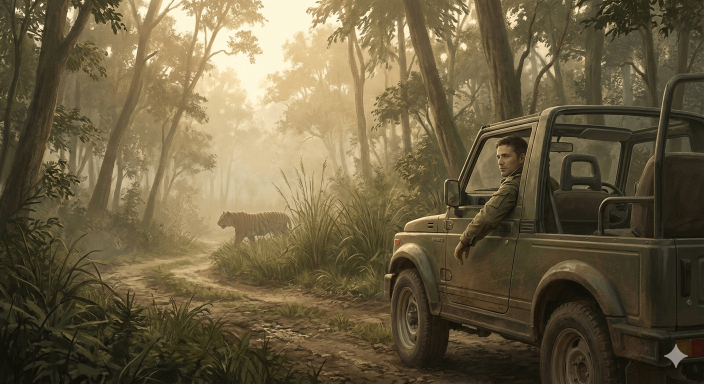 A calm jungle safari scene at dawn with a man sitting quietly in a jeep as a tiger walks in the distance, surrounded by green forest and soft morning light.