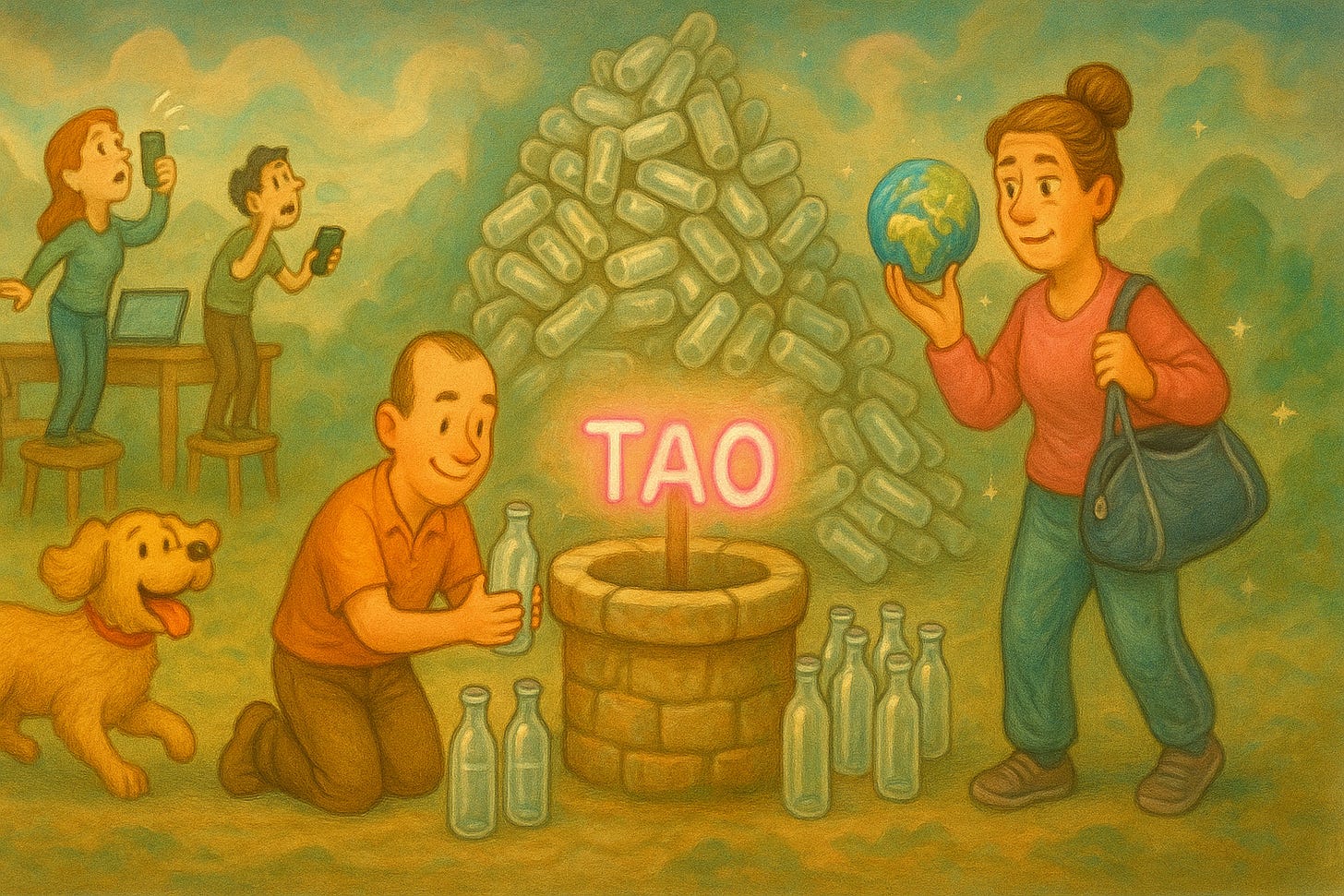 Alt text:  A whimsical cartoon scene shows a glowing well labeled "TAO" at the center, where a man fills glass bottles from it. Behind him is a giant pile of empty bottles, suggesting infinite supply. A woman nearby holds a realistic Earth like a soccer ball, pulling it from a large bag like a cosmic soccer mom. In the background, two people stand on chairs holding phones in the air, seemingly searching for signal, while a cheerful golden doodle looks on. The atmosphere is dreamy and playful, with starry skies and a soft, pastel color palette.