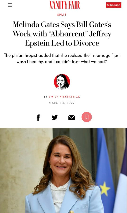 Detailed Breakdown: https://www.nowtheendbegins.com/melinda-bill-gates-convicted-pedophile-jeffrey-epstein/


VanityFair: https://www.vanityfair.com/style/2022/03/melinda-gates-jeffrey-epstein-led-to-bill-gates-divorce-gayle-king-interview