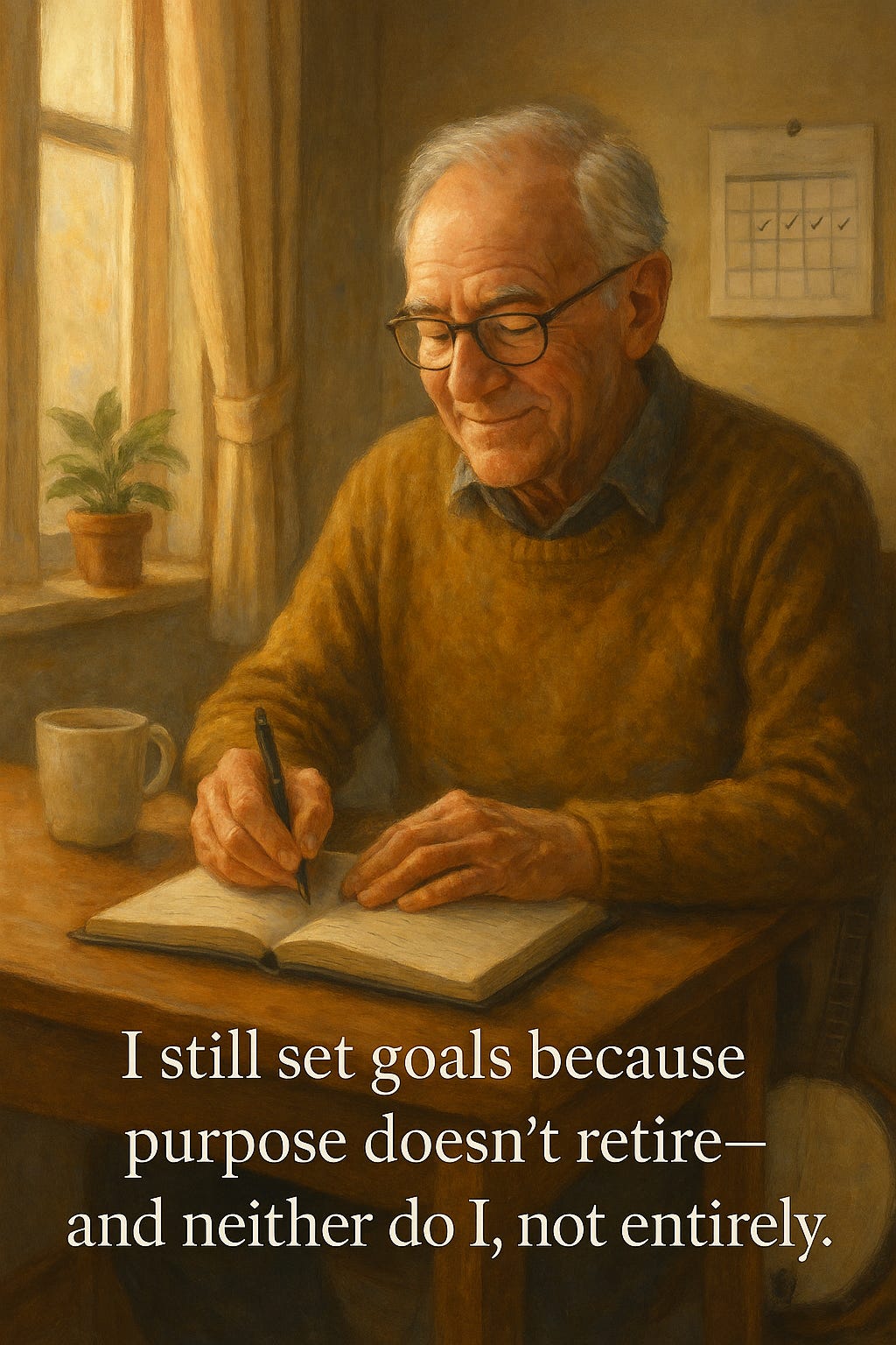 A Retired man early in the morning writing goals and ideas in his journal