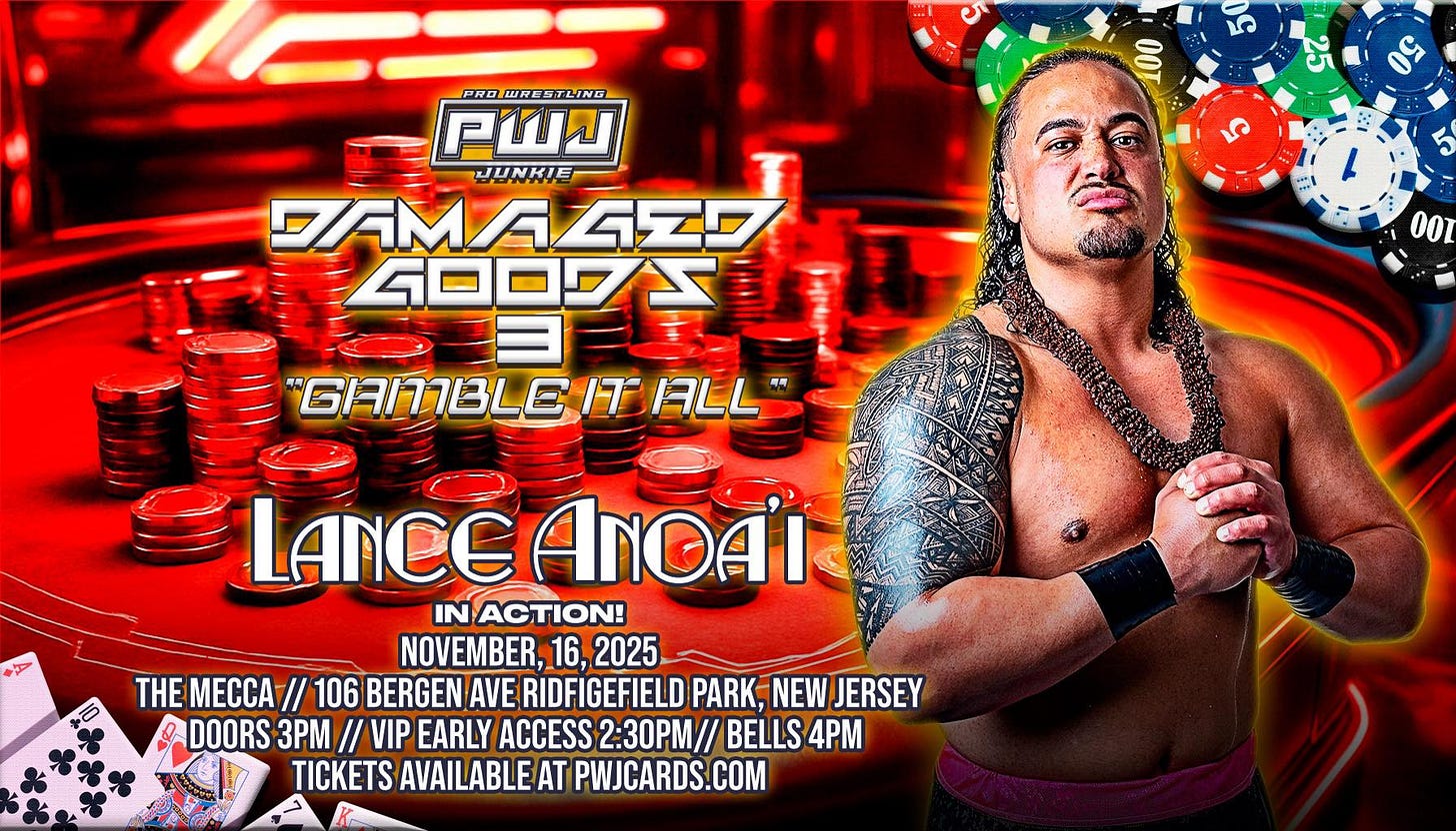 May be an image of text that says '၁ ل 001 PRO WRESTLING Wbl DAMA JAMAGZD 45D G0020 GAMBLE GAMBLEITALL ITALL 001 P LANCE LANCCANOAI IN ACTION! NOVEMBER, 16, 2025 THEMECCA THE 106 BERGEN AVE RIDFIGEFIELD , NEW JERSEY 8 DOORS 3PM // VIP EARLY ACCESS 2:30// BELLS 4PM TICKETS AVAILABLE AT PWJCARDS.COM' May be an image of text that says '၁ ل 001 PRO WRESTLING Wbl DAMA JAMAGZD 45D G0020 GAMBLE GAMBLEITALL ITALL 001 P LANCE LANCCANOAI IN ACTION! NOVEMBER, 16, 2025 THEMECCA THE 106 BERGEN AVE RIDFIGEFIELD , NEW JERSEY 8 DOORS 3PM // VIP EARLY ACCESS 2:30// BELLS 4PM TICKETS AVAILABLE AT PWJCARDS.COM'