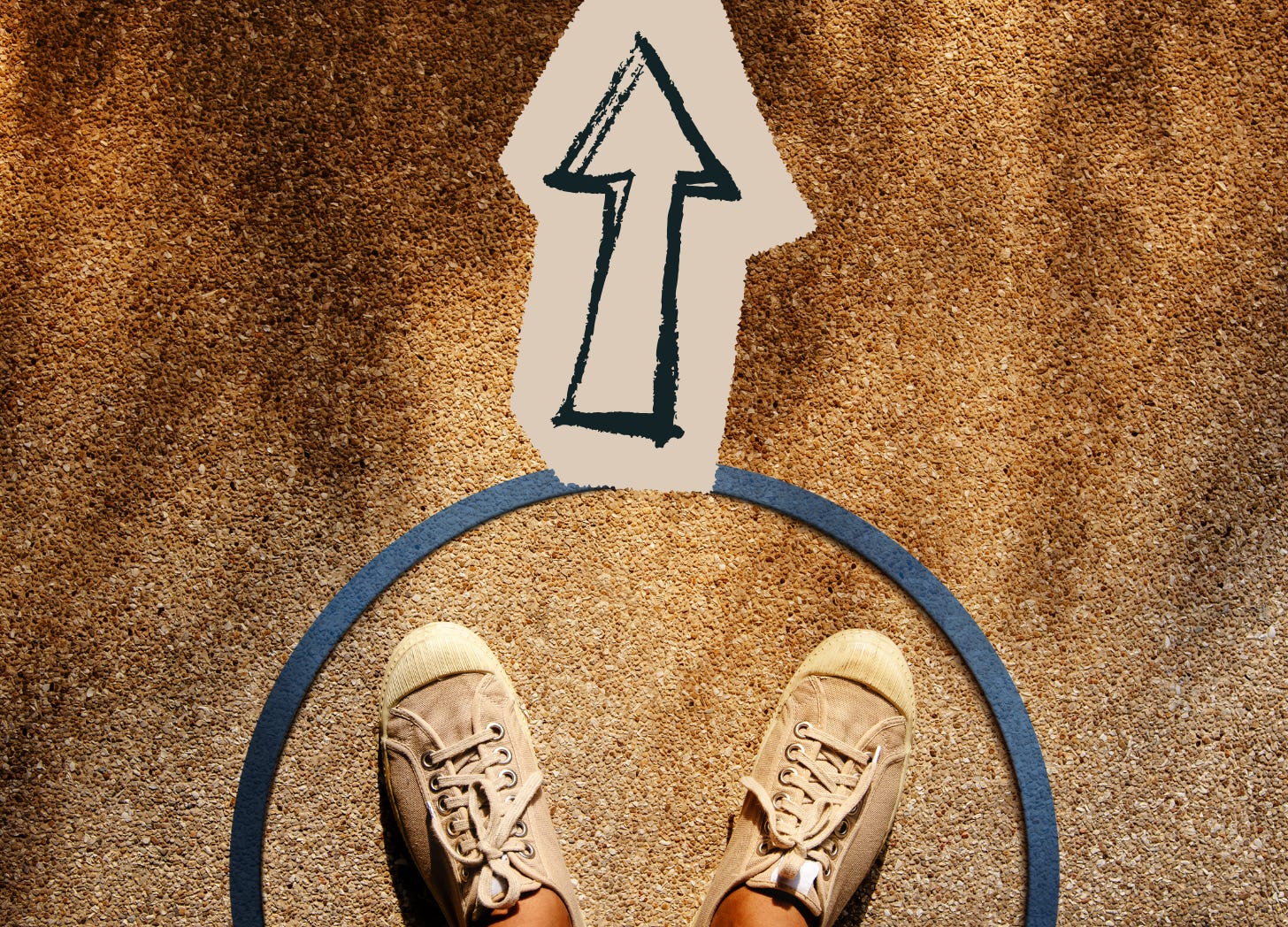 Two feet standing in a hoop with an arrow pointing to something beyond.