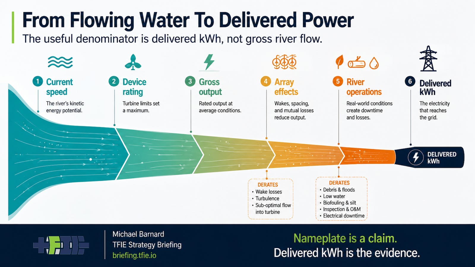 A funnel narrows river flow and device rating into delivered kWh after wakes, operations and downtime. A funnel narrows river flow and device rating into delivered kWh after wakes, operations and downtime.