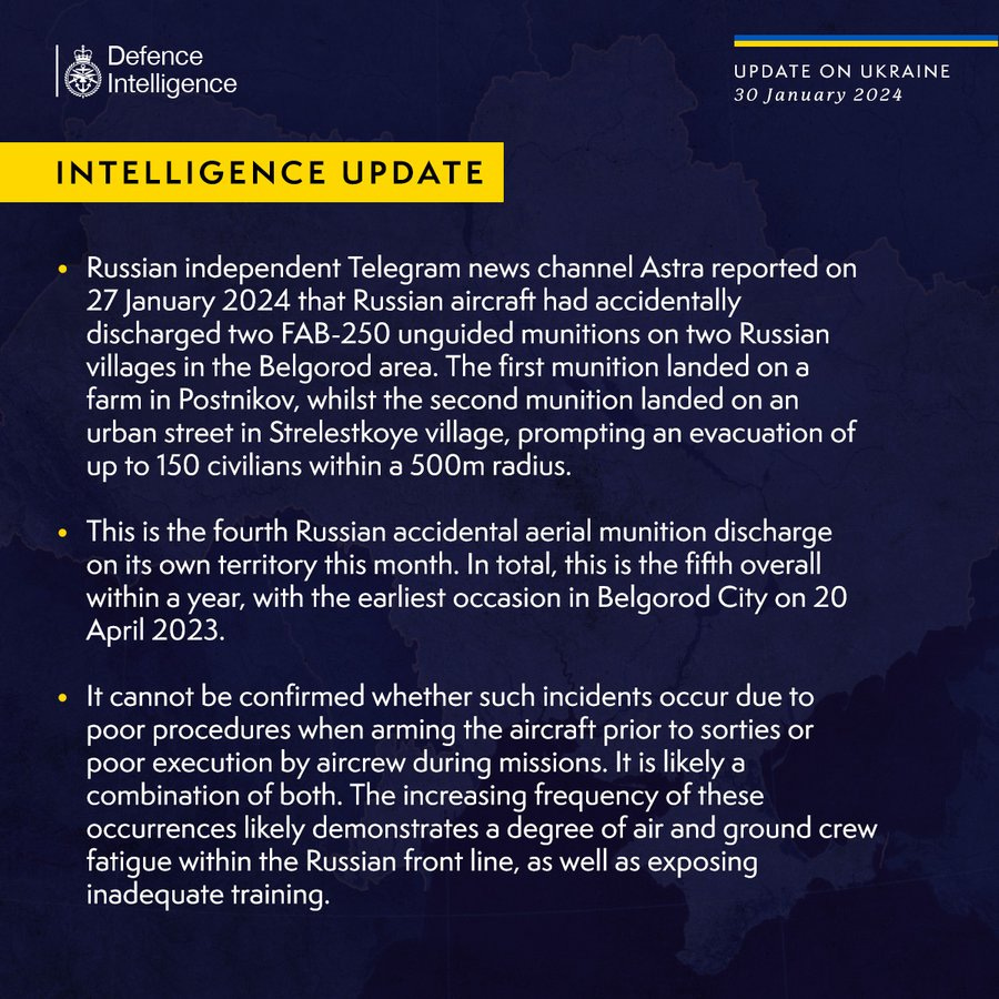 Russian independent Telegram news channel Astra reported on 27 January 2024 that Russian aircraft had accidentally discharged two FAB-250 unguided munitions on two Russian villages in the Belgorod area. The first munition landed on a farm in Postnikov, whilst the second munition landed on an urban street in Strelestkoye village, prompting an evacuation of up to 150 civilians within a 500m radius.
 
This is the fourth Russian accidental aerial munition discharge on its own territory this month. In total, this is the fifth overall within a year, with the earliest occasion in Belgorod City on 20 April 2023.
 
It cannot be confirmed whether such incidents occur due to poor procedures when arming the aircraft prior to sorties or poor execution by aircrew during missions. It is likely a combination of both. The increasing frequency of these occurrences likely demonstrates a degree of air and ground crew fatigue within the Russian front line, as well as exposing inadequate training. 