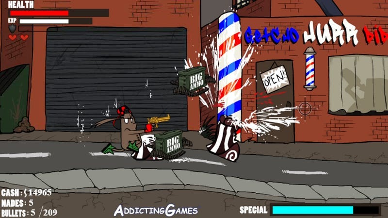Gangsta Bean shooting his golden gun at a Ho-Ho in Gangsta Bean 2