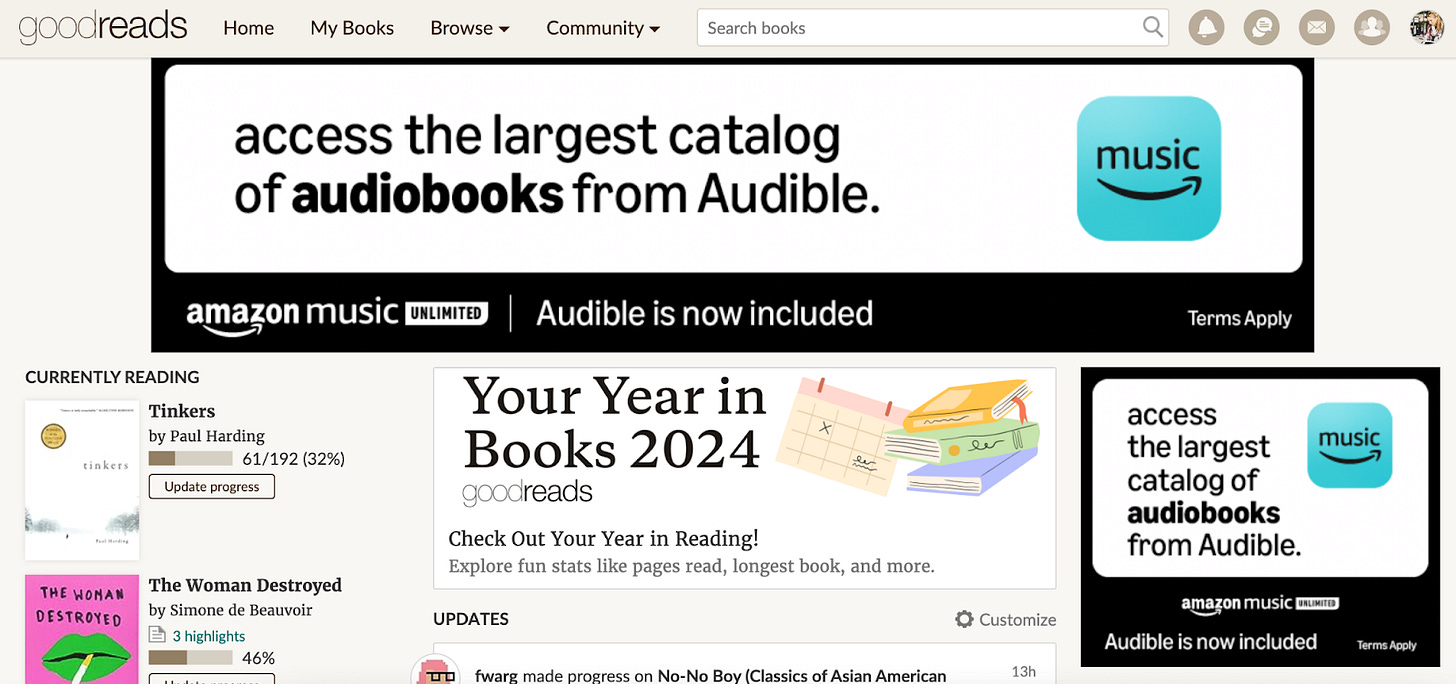 Screenshot of Goodreads homepage with banner ad and side bar ad for Audible