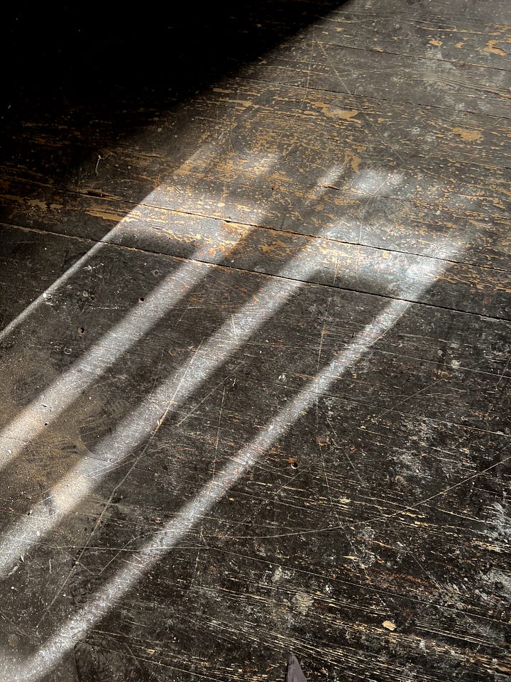 On the left, beams of light from the window fall on a dusty wooden floor. On the right, Christina holds her arms up to show one of the library rooms with wood floors, cream walls and an alcove of dark brown shelves.