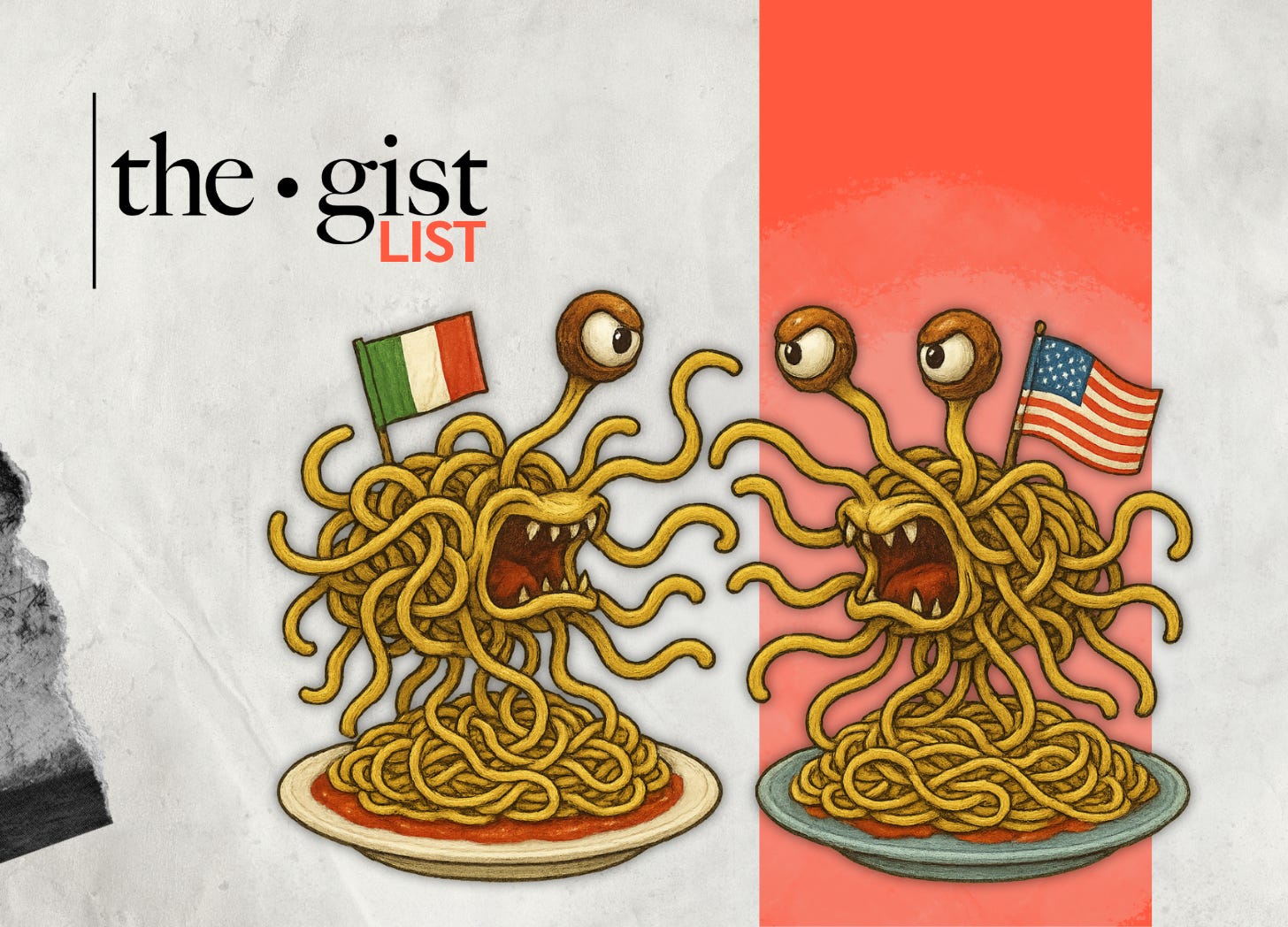 Illustration of two spaghetti monsters, one with an Italian flag and one with an American flag, fighting over plates of pasta—symbolizing U.S.–Italy trade tensions.