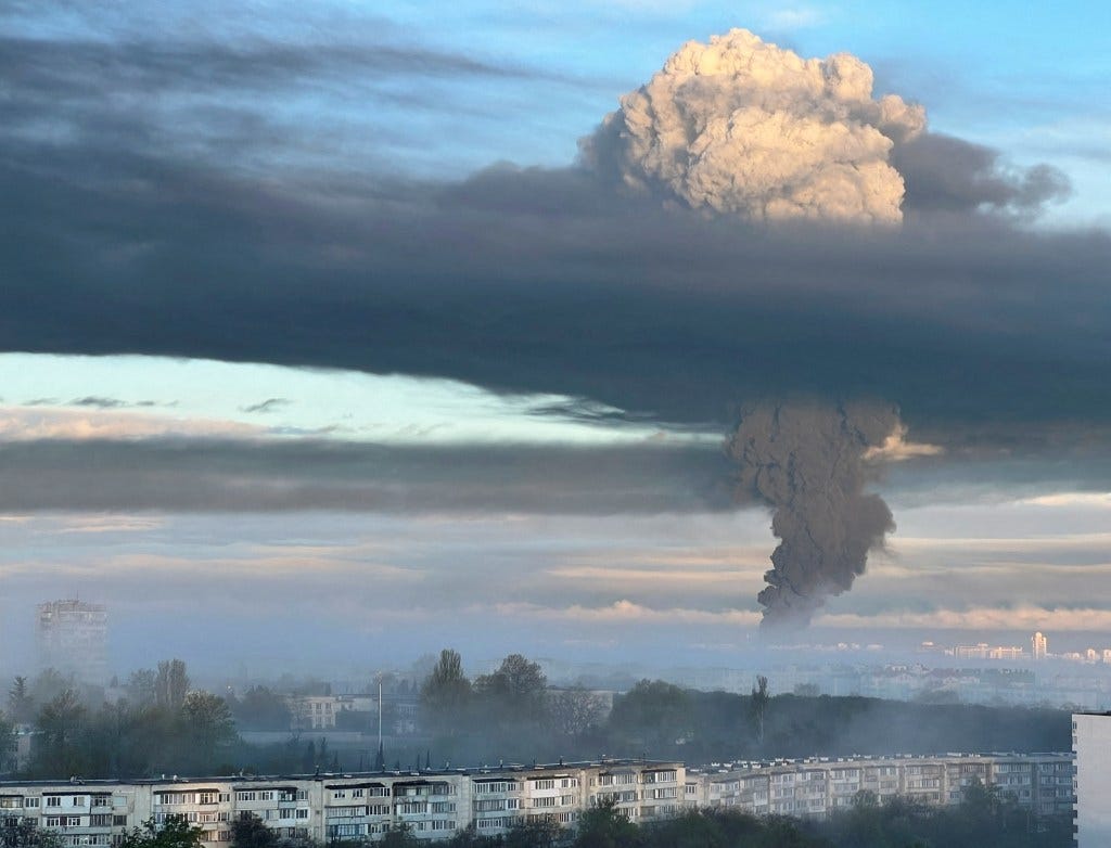 Photo: A view shows smoke rising following an alleged drone attack in Sevastopol, Crimea, April 29, 2023. Credit: REUTERS/Stringer TPX IMAGES OF THE DAY