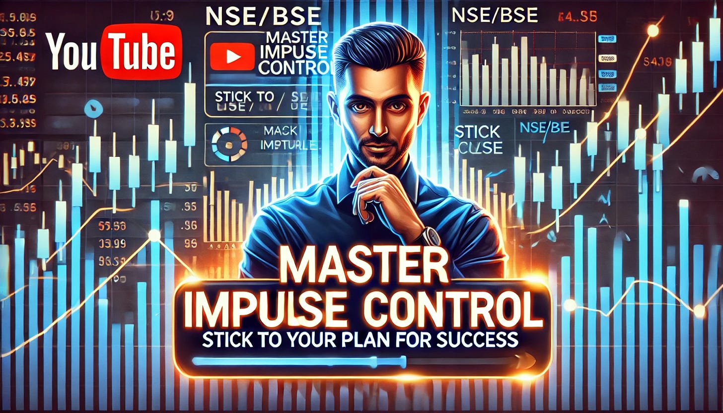 A visually engaging 16:9 YouTube thumbnail for a podcast titled 'Mastering Impulse Control in Trading: Stick to Your Plan for Success.' The design features bold text that says 'Master Impulse Control' with a glowing effect to grab attention. The background includes dynamic stock market visuals with NSE/BSE candlestick charts and fluctuating graphs. A focused and disciplined trader is shown confidently looking at a screen, symbolizing control and strategy. The design is clean, professional, and optimized for YouTube visibility, without any logos or symbols from YouTube.