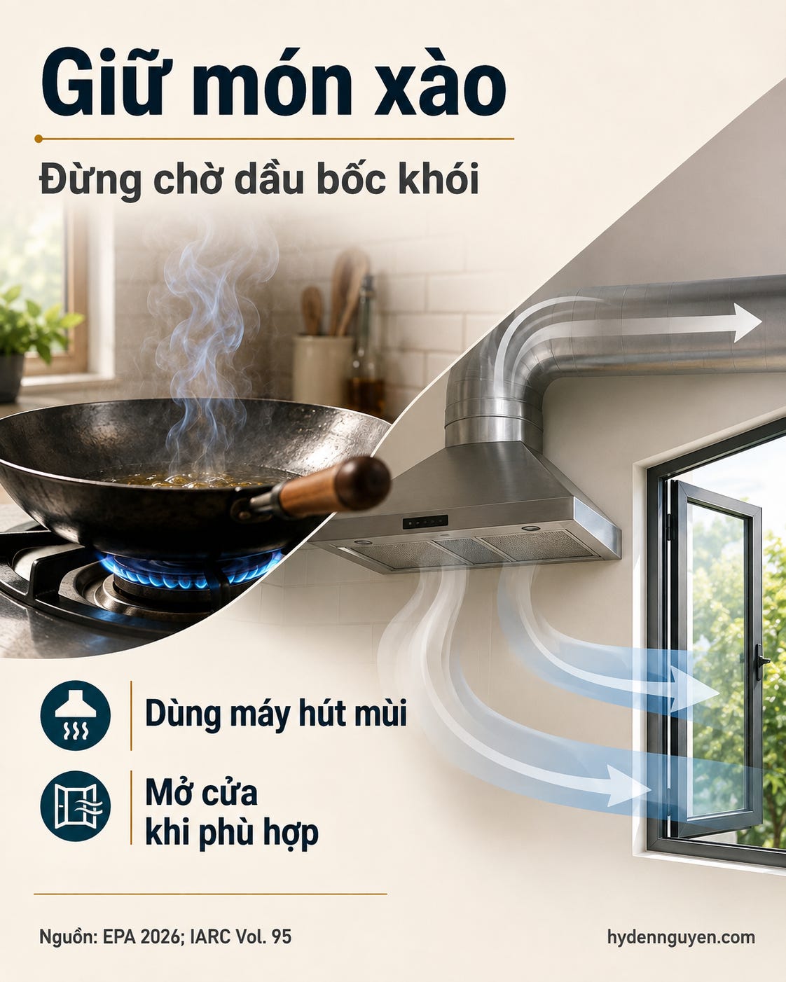 Infographic tóm tắt cách giảm phơi nhiễm khói khi nấu: không chờ dầu bốc khói, dùng máy hút mùi và mở cửa khi điều kiện phù hợp.