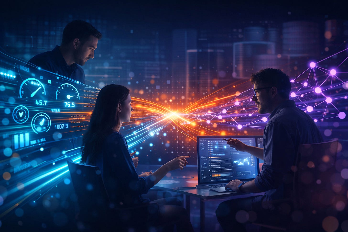 Developers collaborating as data streams visualize vector search and embeddings in a modern digital space. Developers collaborating as data streams visualize vector search and embeddings in a modern digital space.