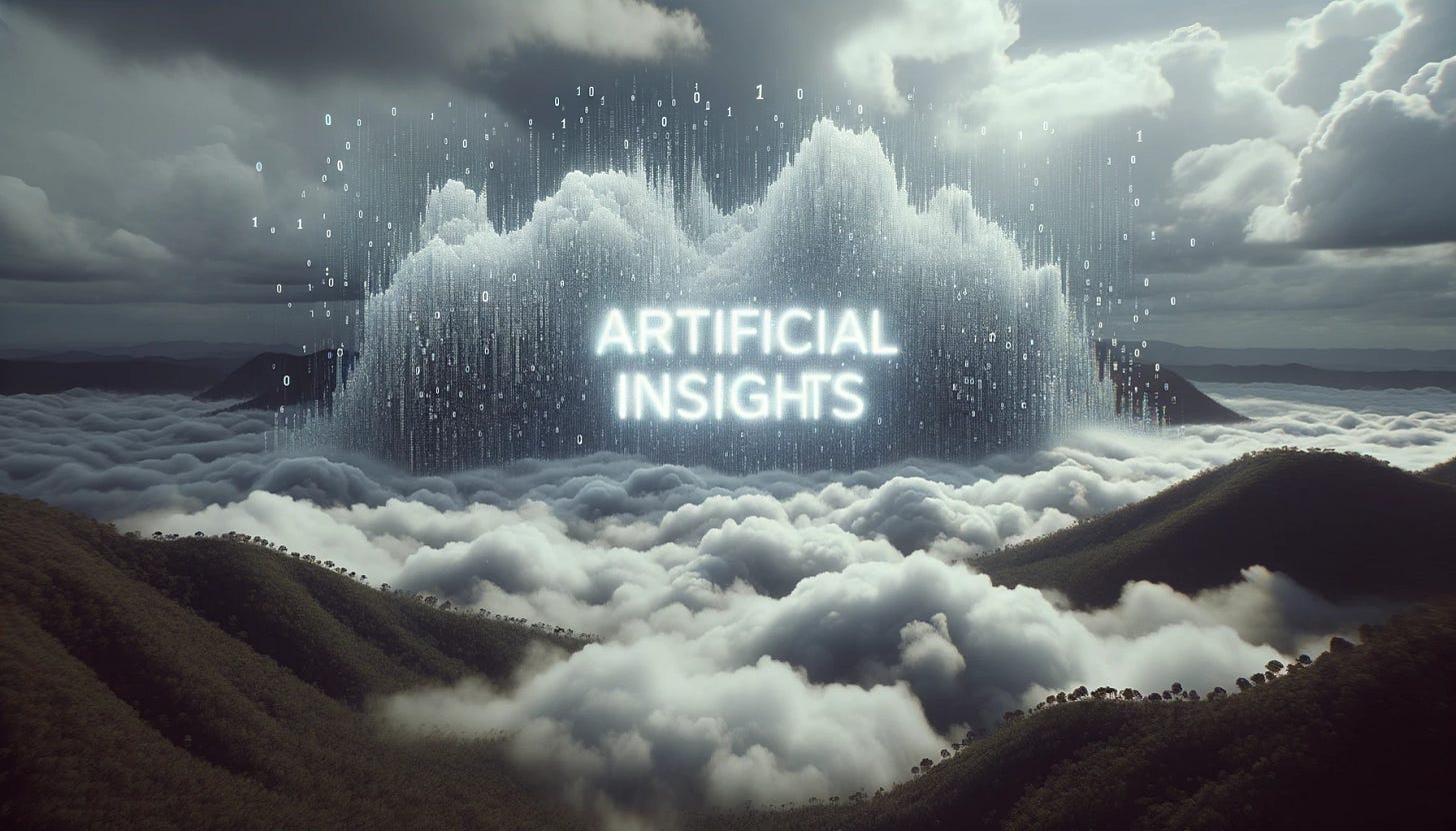 Photo capturing a surreal scene where a dense digital fog composed of ones and zeros envelops a landscape. Within this fog, the words 'ARTIFICIAL INSIGHTS' shine brightly, seemingly floating.