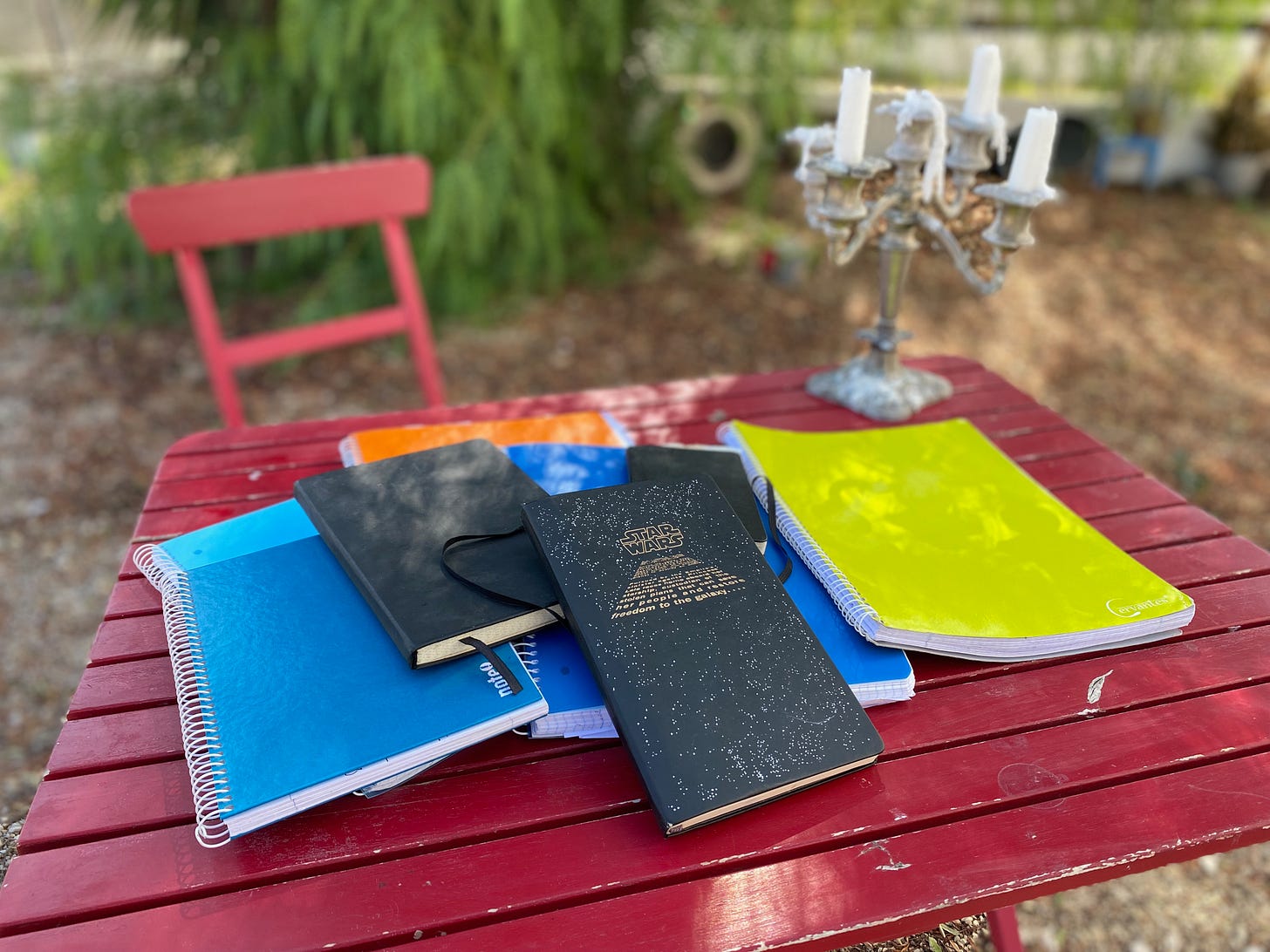 Picture os a lot of notebooks on a table outside our home