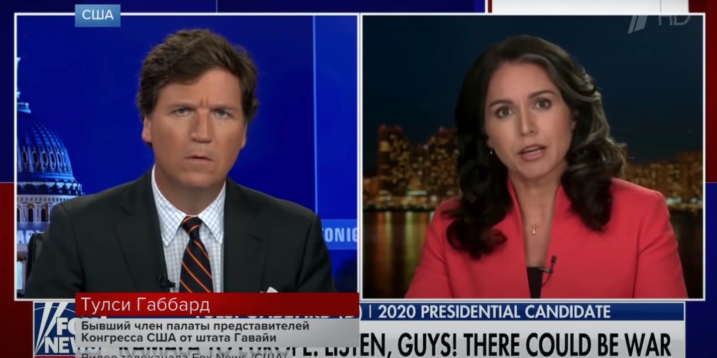 Russian TV Uses Tucker Carlson and Tulsi Gabbard to Sell Putin's War Russian TV Uses Tucker Carlson and Tulsi Gabbard to Sell Putin's War
