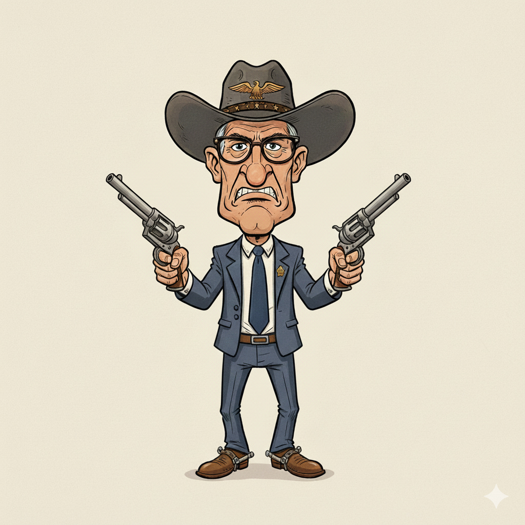 Cartoon image of Federal Reserve Chair Jerome Powell with guns drawn in a fighting mood.