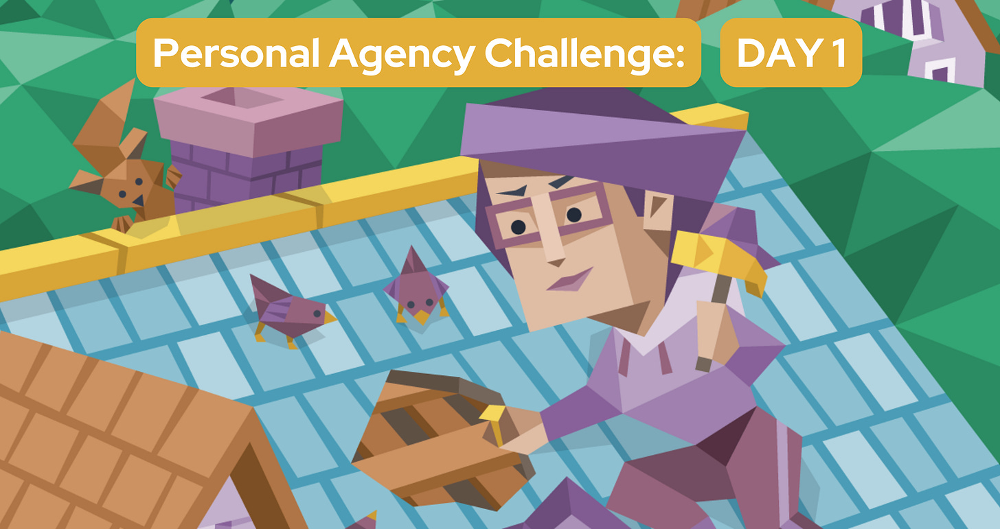 A person repairs the roof of their home all on their own. Two birds and a squirrel stand nearby watching. Text in a yellow banner reads: Personal Agency Challenge: Day 1.