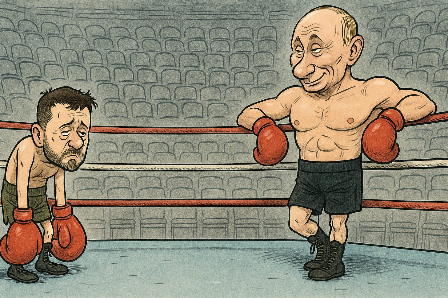 DALL·E-generated political cartoon of Volodymyr Zelensky as a weary, undersized boxer with oversized gloves facing a smug, muscular Vladimir Putin in an empty boxing arena, symbolizing Ukraine’s struggle against Russia.