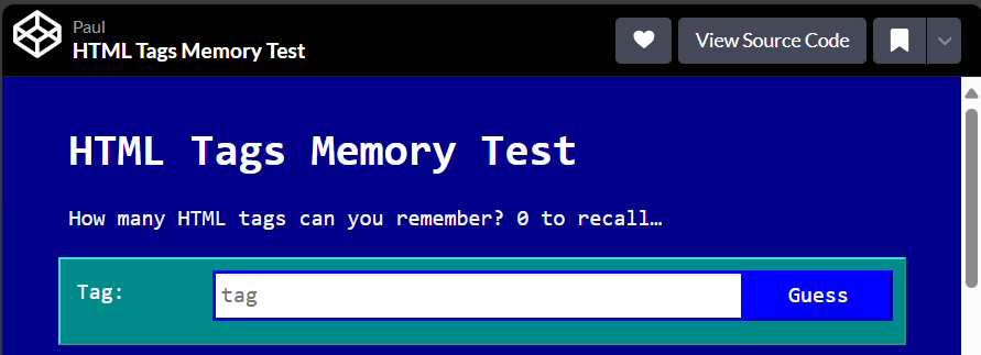 Snímek obrazovky z testu znalosti značek HTML ukazuje, že Martin si vybavil všechny.