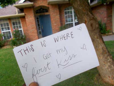 a gallery of photos which contain 17-year-old Ari's hand holding flashcards in front of various locations. each flashcard reads "this is where I..." and is completed with the memory associated with the location