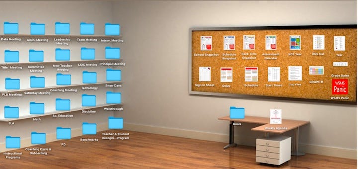 LaMaster-feature-720 | MiddleWeb Office wall with many blue labeled folders on the left and a corkboard with planning icons on the right; a small desk labeled 'Goals' in front.