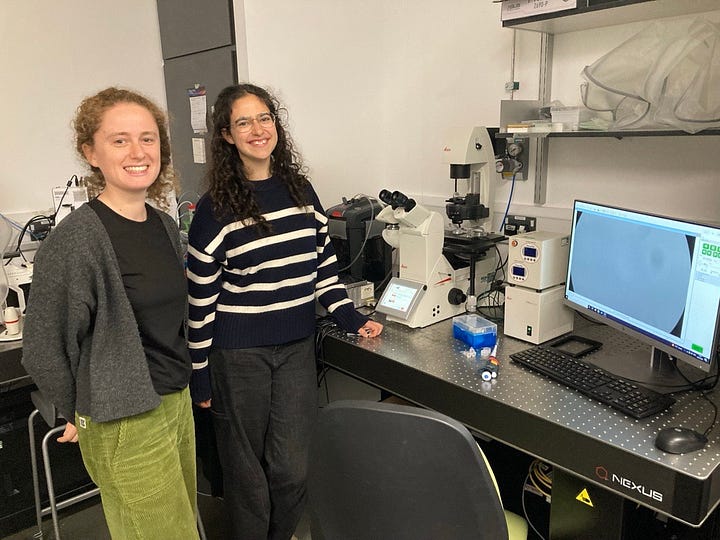 Two photos – on the left, a photo of a person looking at the camera and smiling slightly. On the right, two people smiling in a lab. 