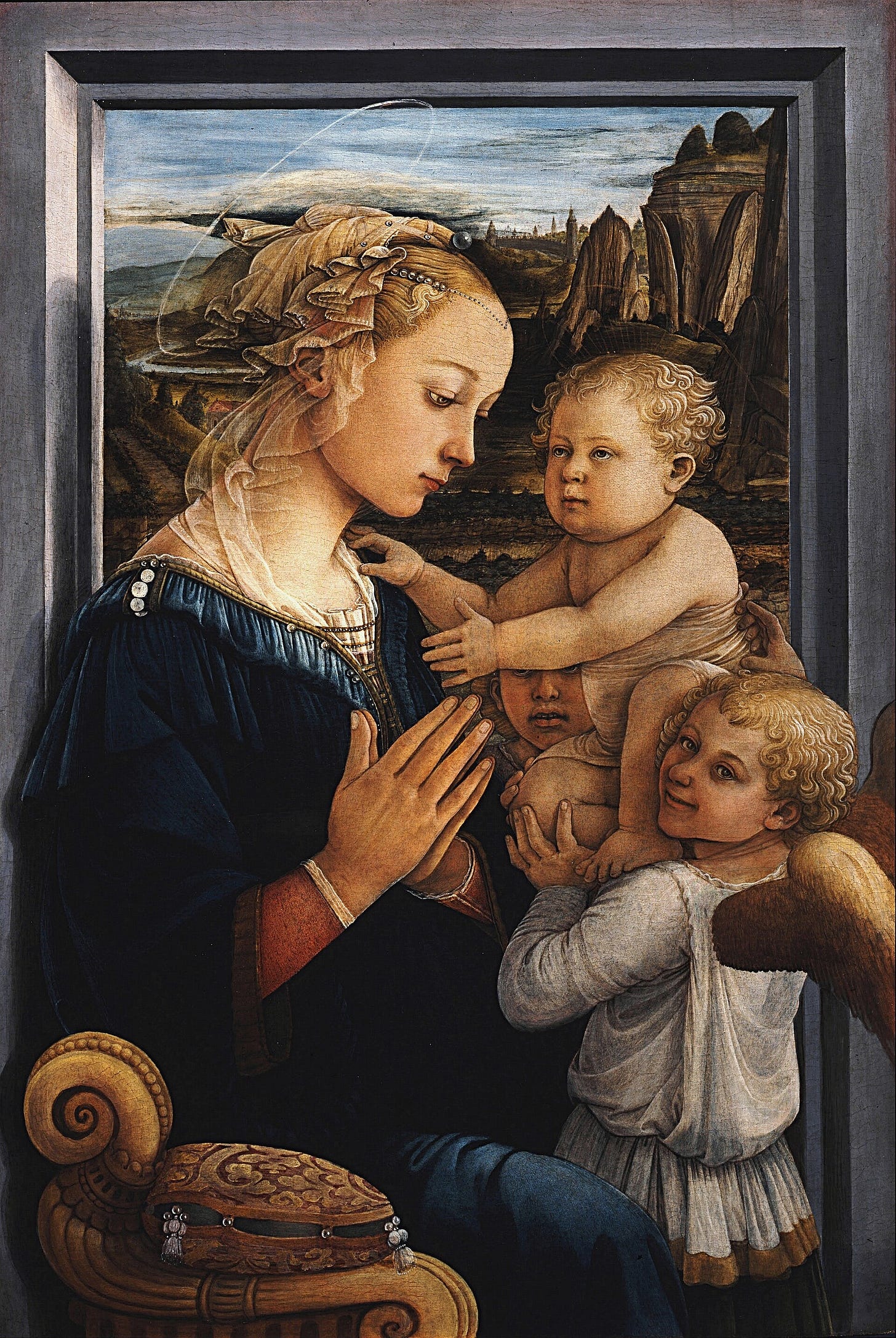 Madonna and Child with Two Angels by Filippo Lippi: the Virgin in prayer, the Christ Child held up by angels
