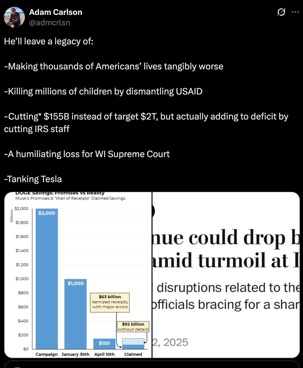 Carlson: He’ll leave a legacy of:  -Making thousands of Americans’ lives tangibly worse  -Killing millions of children by dismantling USAID  -Cutting* $155B instead of target $2T, but actually adding to deficit by cutting IRS staff  -A humiliating loss for WI Supreme Court  -Tanking Tesla