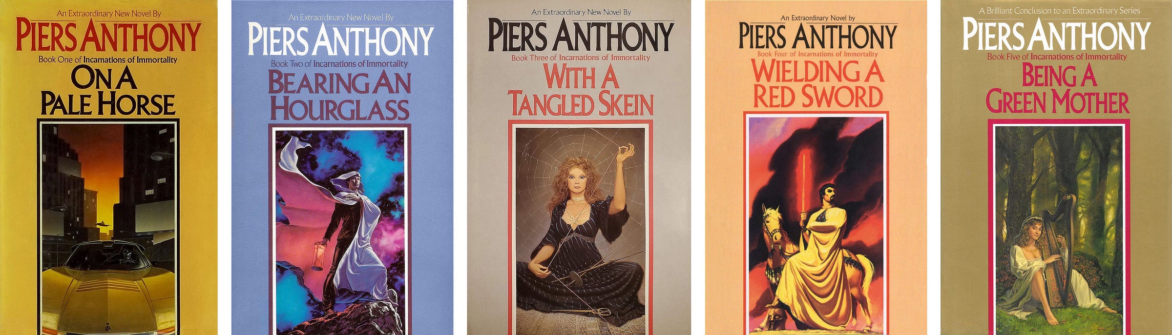 Five covers for Incarnations of Immortality by Piers Anthony with cover image contained in a rectangle against a solid color background. The  title is set above with the author at the top, (left to right): ON A PALE HORSE, BEARING AN HOURGLASS, WITH A TANGLED SKEIN, WIELDING A RED SWORD, and BEING A GREEN MOTHER.