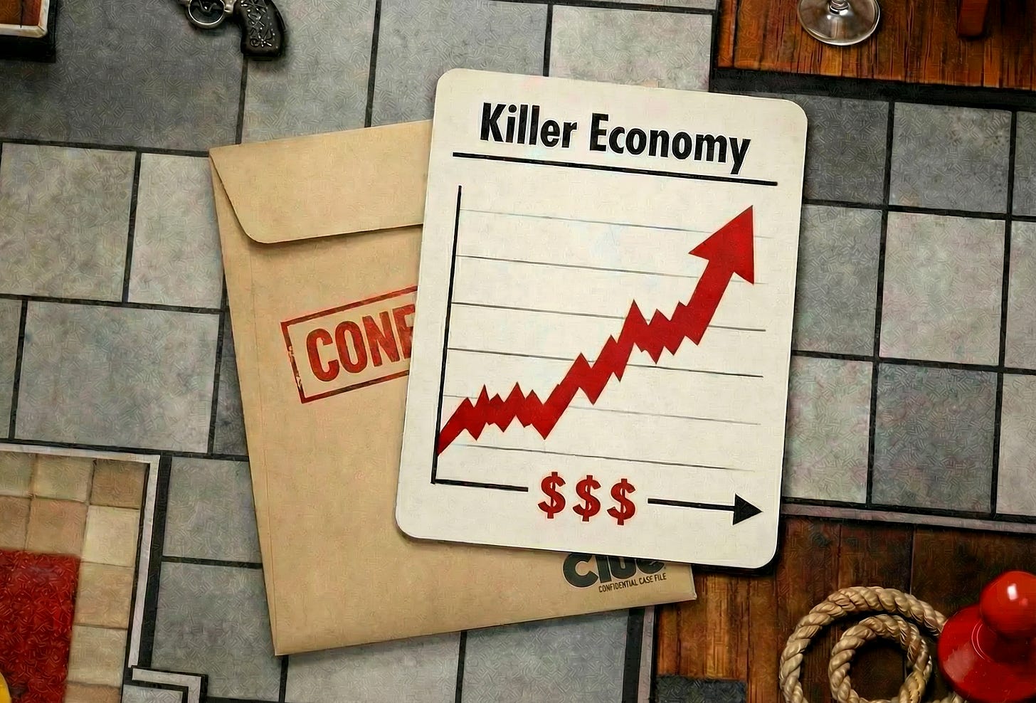 Confidential case file envelope lying on the Clue game board overlapped by a “Killer Economy” card, showing a red stock market arrow-graphic trending upward with dollar signs. Confidential case file envelope lying on the Clue game board overlapped by a “Killer Economy” card, showing a red stock market arrow-graphic trending upward with dollar signs.