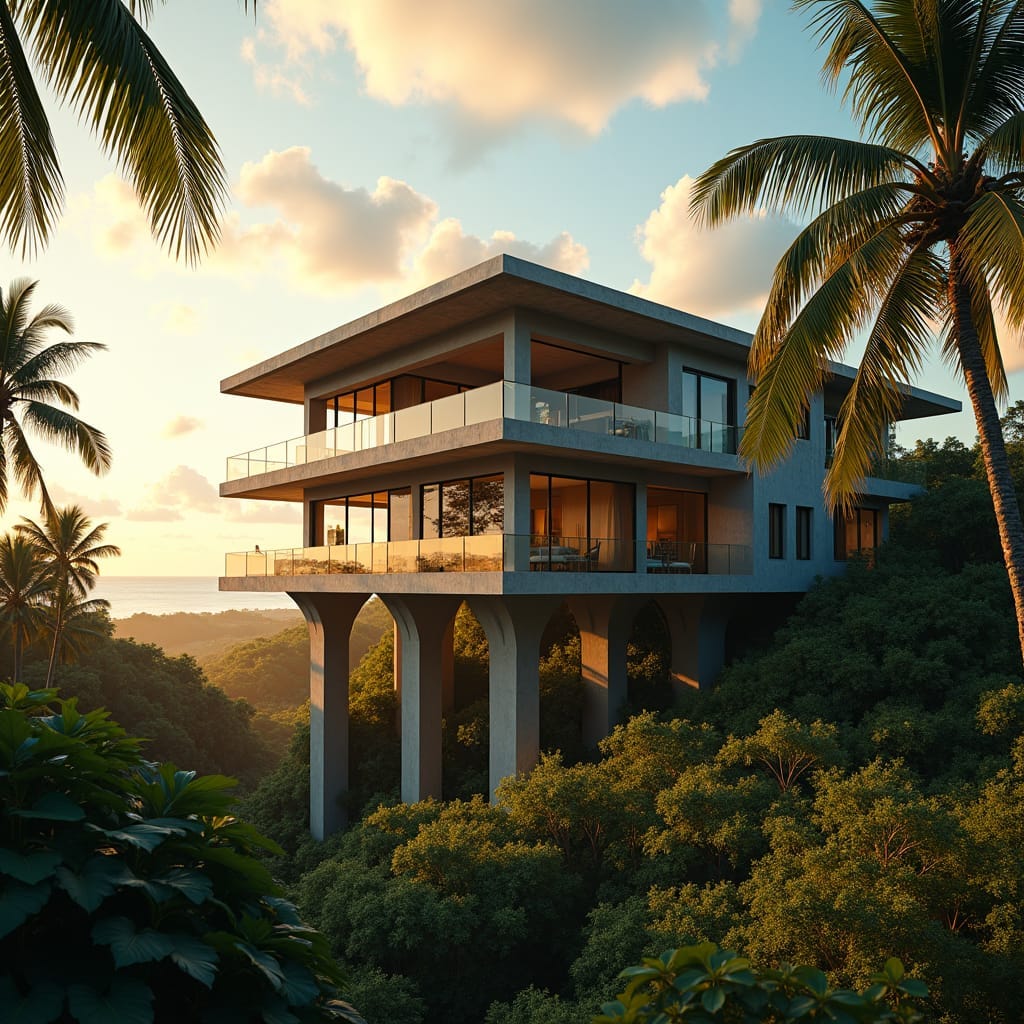 A majestic, modern Jamaican home, elevated on a sturdy deep pile foundation, set amidst a lush, tropical landscape, with dense foliage and palm trees swaying gently in the breeze. The foundation's concrete pillars rise from the earth, robust and unyielding, a testament to engineering prowess. Warm, golden light casts long shadows across the structure, as if the Caribbean sun is setting behind the camera. Soft, feathery clouds drift lazily across the sky, their wispy tendrils stretching towards the horizon.