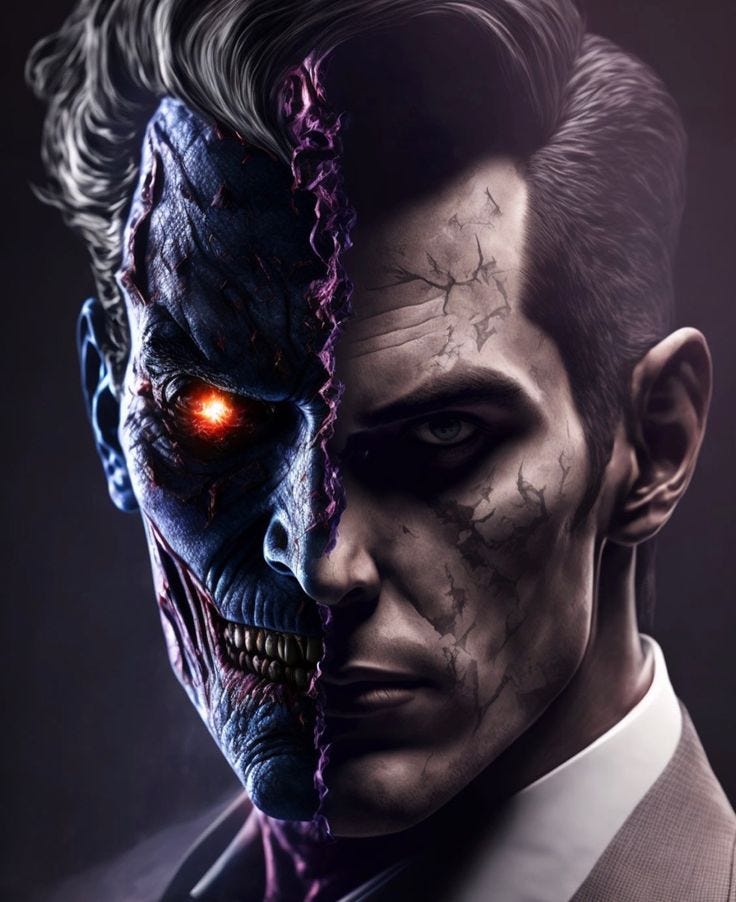 This may contain: two men in suits with red eyes and one has a creepy face on his forehead