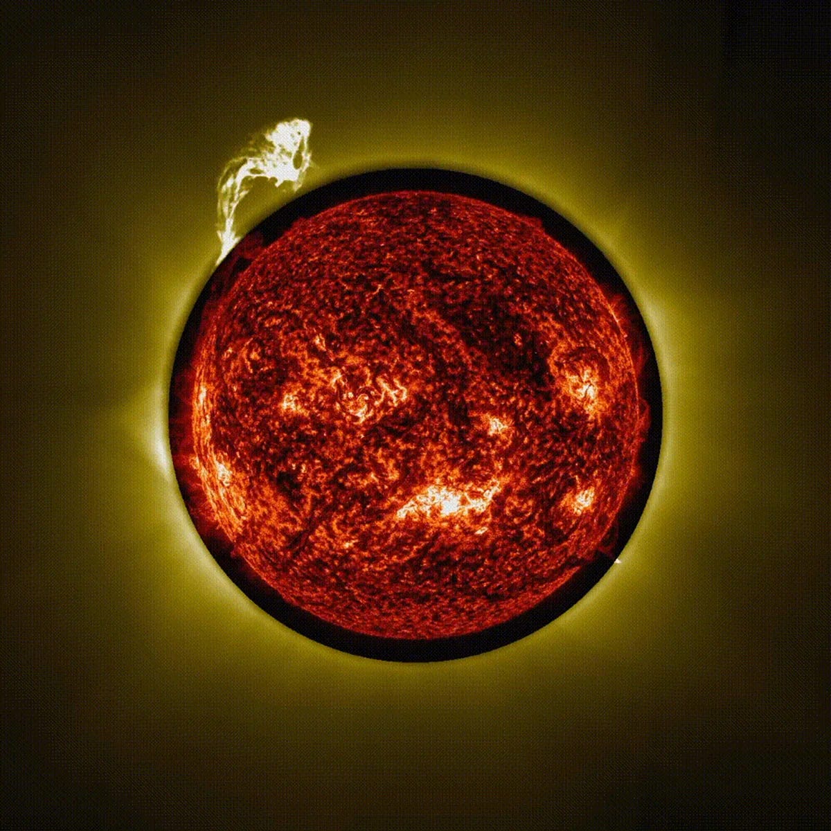 Image showing a prominence erupting on the Sun, as seen by the European Space Agency's Proba-3 mission, 21 September 2025. Credit: ESA/Proba-3/ASPIICS, NASA/SDO/AIA Image showing a prominence erupting on the Sun, as seen by the European Space Agency's Proba-3 mission, 21 September 2025. Credit: ESA/Proba-3/ASPIICS, NASA/SDO/AIA