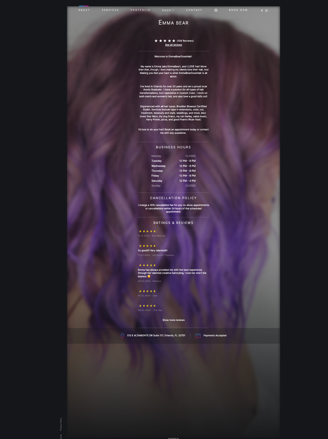Emma Bear GlossGenius About page showing Custom Color specialty and 5-star reviews at Sola Salons Altamonte Springs