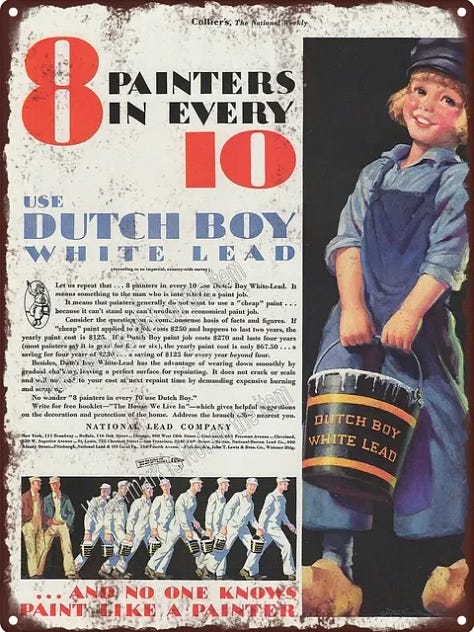 (L) Dutch Boy Lead Ad (C) Mary Ellen Best, Dining Room at York, 1840 (R) Devon Great Consols - largest arsenic mine at its time in the world at 1850