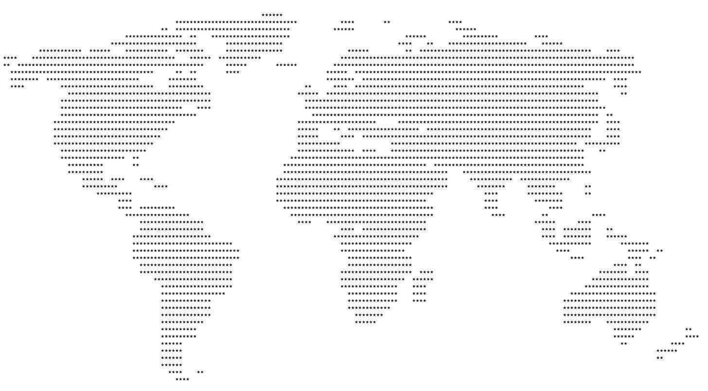 A map of the world rendered as black asterisk ASCII characters, it looks very good A map of the world rendered as black asterisk ASCII characters, it looks very good