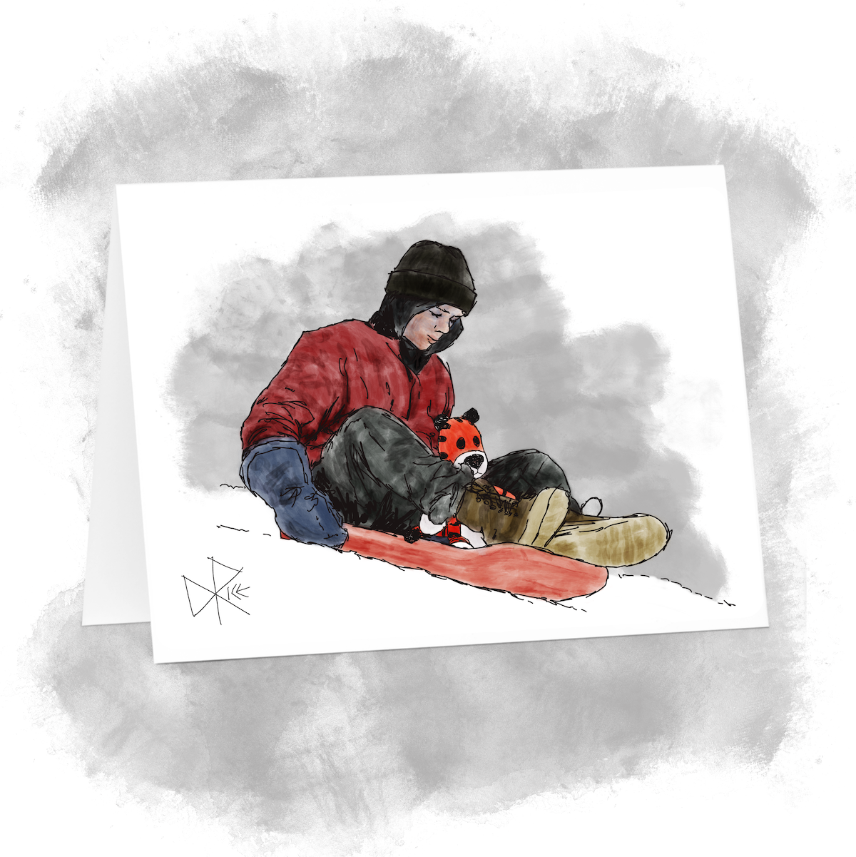Calvin and Hobbes, seated on a red plastic sled going down a hill - hoping to get some serious momentum going. Sketch art by Don Rice.